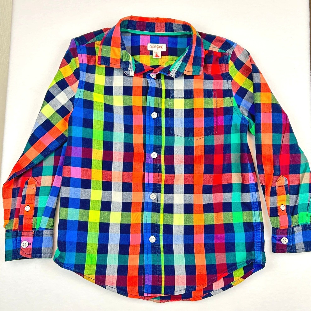 Cat & Jack Boys Rainbow Plaid Button Down Shirt‎ Multi Color Check Size S 6/7